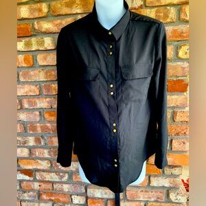 Premise Studio jet black w/ gold tone buttons on cuffs and arms w/ strap to roll